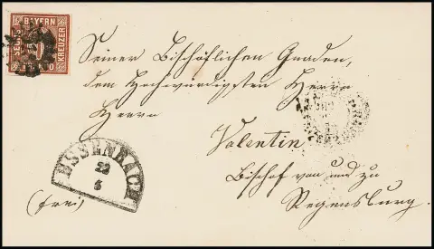 "515", gMR avec HK "Essenbach" sur lettre épiscopale magnifique ("Valentin") avec 6 Kr. brun à bords complets pour Regensburg, Feuser 300,-