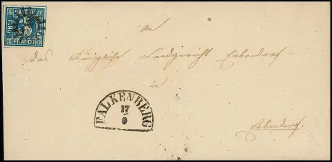 "518", gMR avec HK "Falkenberg" sur lettre de cabinet avec 3 Kr. bleu pour Erbendorf, Feuser 400,-