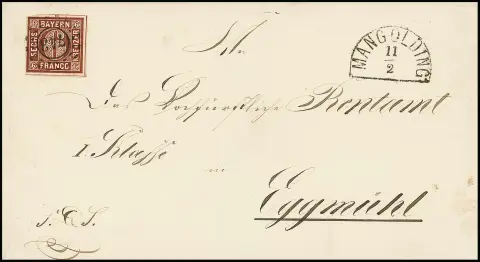 "743", oMR avec HK "Mangolding" sur lettre pliée avec pièce de cabinet 6 Kr. brun pour Eggmühl, Feuser 200,-