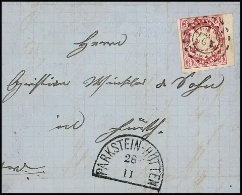 "827", oMR nebst HK "Parkstein-Hütten" auf Brief mit noch vollrandigem Randstück 3 Kr. Wappen 1868 nach Floss, Feuser 200,-