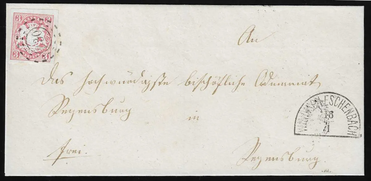 "830", chaque oMR avec HK "Windischeschenbach" sur deux lettres pliées avec 3 Kr. rose ou armoiries à bords complets, Feuser 240,-