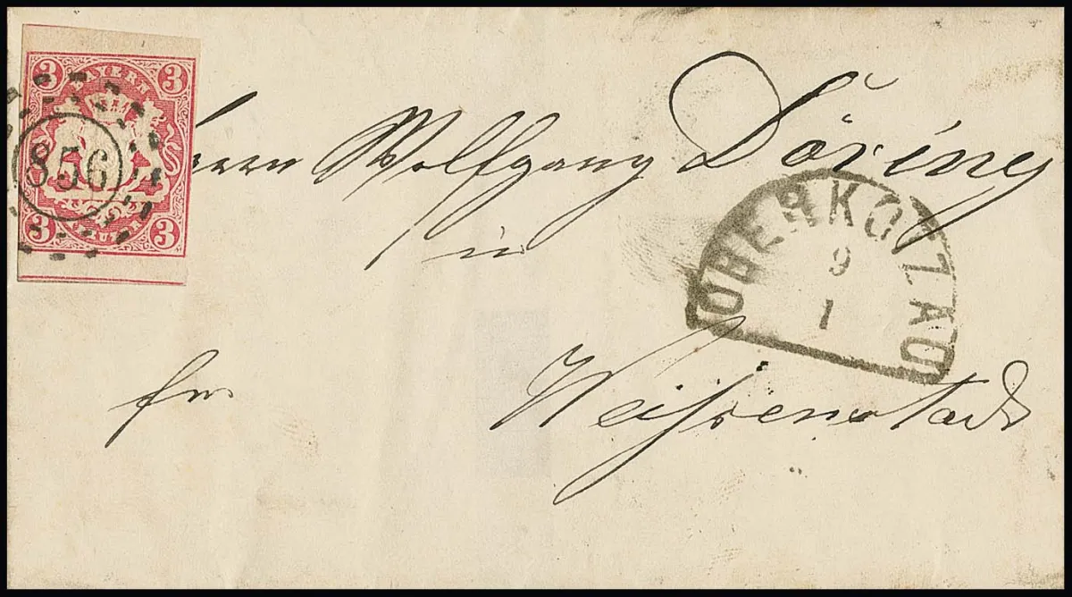"856", oMR nebst HK "Oberkotzau" auf Briefchen 3 Kr. rosa (links Randlinienschnitt)