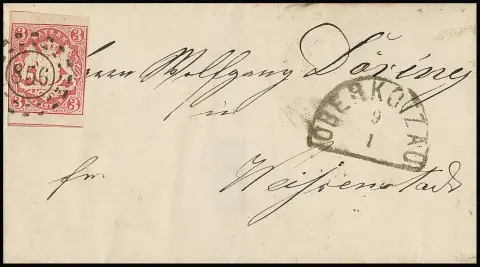 "856", oMR nebst HK "Oberkotzau" auf Briefchen 3 Kr. rosa (links Randlinienschnitt)