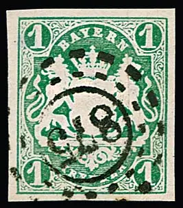 "875" (Kirchheim/Pfalz), oMR klar auf Kabinettstück 1 Kr. grün, sign. Brettl