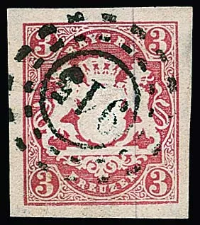 "915" (Altenglan/Pfalz), oMR centered clear on wide-margined 3 Kr. carmine (min. margin tear), a great cancellation rarity, certificate Stegmüller. Feuser + 3000,-