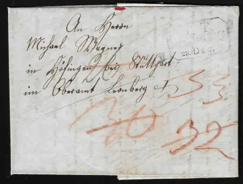 1841, "Die Hamburg-Bergedorfer Eisenbahn", lithographie décorative sur papier à lettres, datée "Hamburg 19/12 41", à l'intérieur dans la lettre complète avec cachet d'arrivée taxis de Hambourg à Leonberg/Württemberg