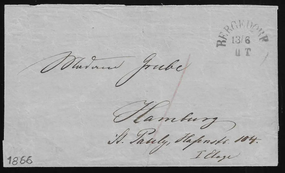 "Bergedorf", each dispatch cancel on two letters, to Hamburg 1866 and to Winsen a.d. Luhe