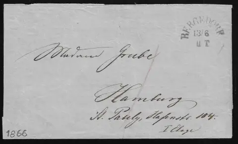 "Bergedorf", chaque cachet de départ sur deux lettres, vers Hambourg 1866 et vers Winsen a.d. Luhe