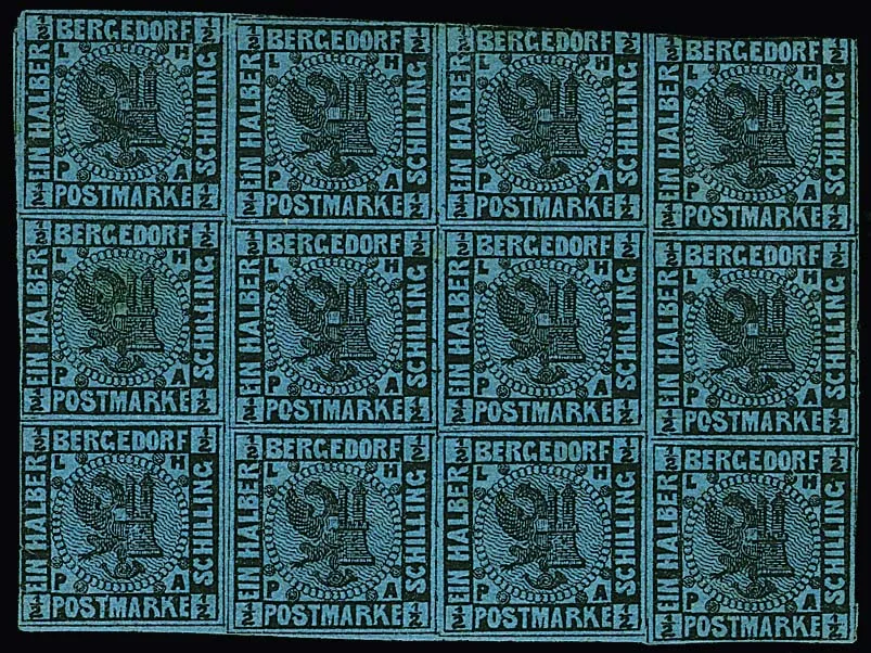 1/2 Sch. black/light blue in block of 12, the top row partly cut and unused, the bottom eight stamps mint never hinged (Mi. for two mint never hinged blocks of four already 900,-)