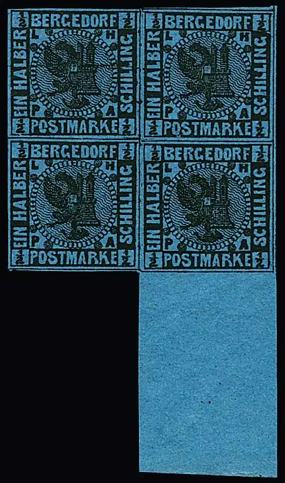1/2 Sch. noir/bleu clair en bloc de quatre avec bord inférieur neuf sans charnière, un timbre avec case vide. Mi. des timbres isolés déjà 980,- +, copie d'attestation Jakubek pour unité divisée