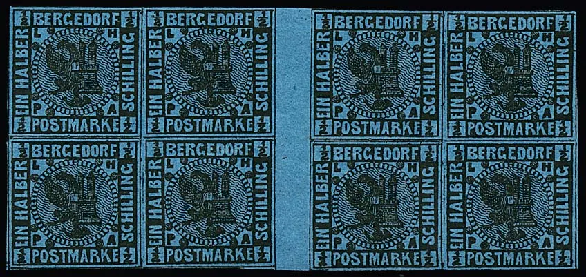 1/2 Sch. black/light blue in mint never hinged block of eight with two intermediate bridge pairs. Mi. of loose stamps/bridges = 1240,- +, copy of Jakubek certificate for divided unit