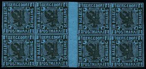 1/2 Sch. noir/bleu clair en bloc de huit neuf sans charnière avec deux paires de ponts intermédiaires. Mi. des timbres isolés/ponts = 1240,- +, copie d'attestation Jakubek pour unité divisée