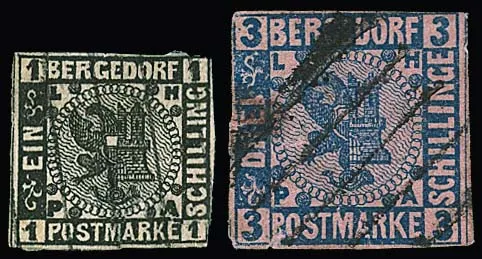 1 Sch. black and 3 Sch. blue/pink, two genuinely cancelled stamps with defects, Mozek certificates each. Mi. 3000,-