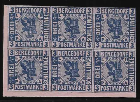 3 Sch. bleu/rose en bloc de six du coin inférieur gauche, un timbre non oblitéré (en haut au milieu), sinon neuf sans charnière. Mi. isolé 330,-
