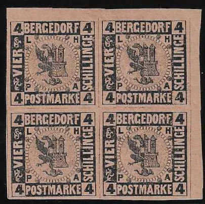 4 Sch. schw./braunorange im ungebrauchten Kabinett-Viererblock aus der rechten oberen Bogenecke, Mi. 140,-