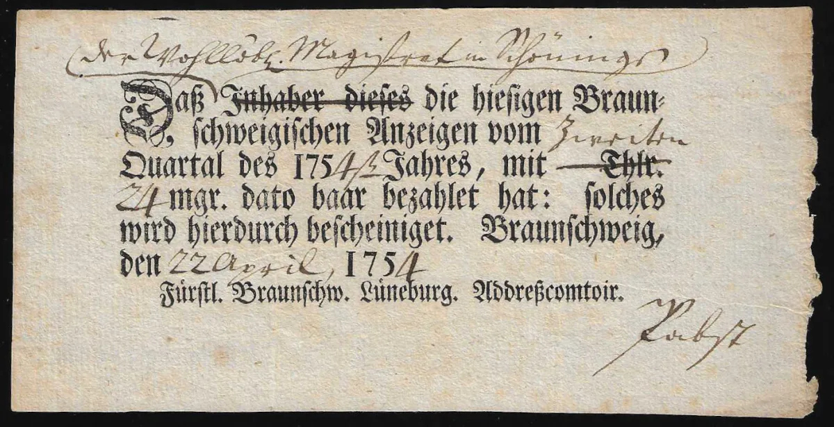 "Braunschweig", 1754, "Fürstl. Braunschw. Lüneburg. Adresscomptoir", zwei Ortsdruck-Postscheine