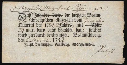 "Braunschweig", 1754, "Fürstl. Braunschw. Lüneburg. Adresscomptoir", deux mandats-poste imprimés locaux