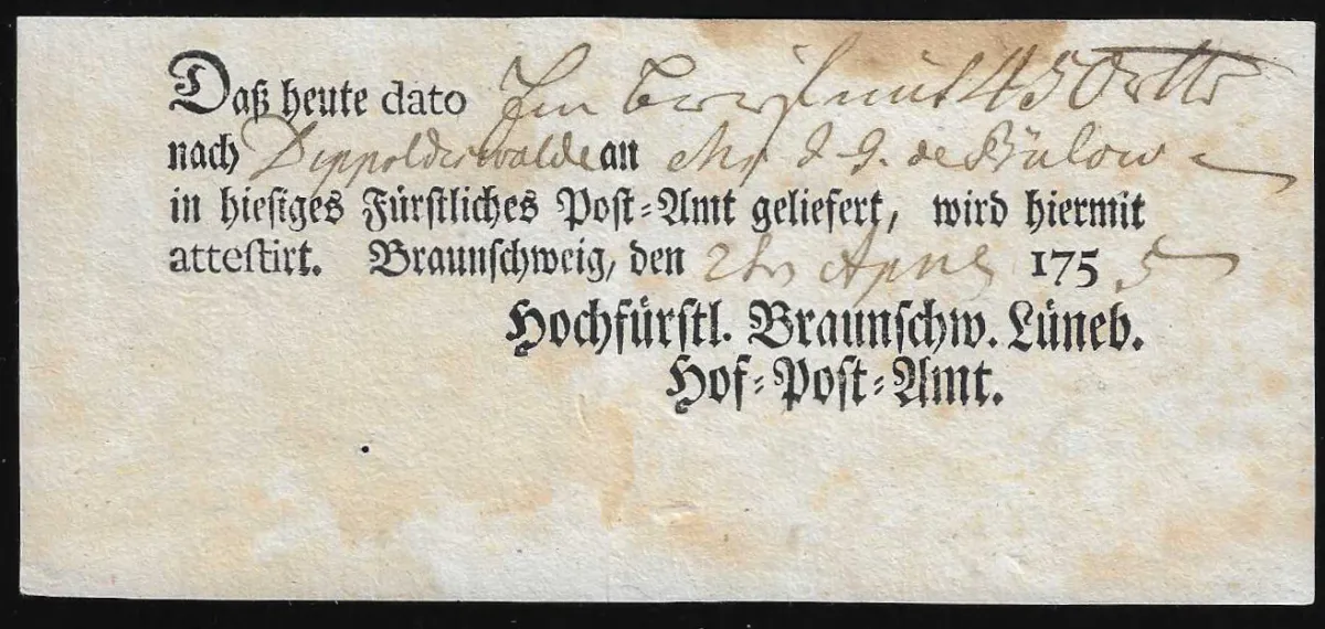 "Braunschweig", 1755, Ortsdruck-Postschein (etwas unfrisch)