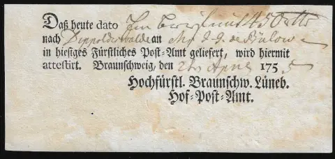 "Braunschweig", 1755, mandat-poste imprimé local (un peu défraîchi)