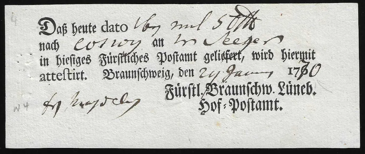 "Braunschweig", 1760/1770, zwei Ortsdruck-Postscheine, Hb. 3/4, 1200 P.