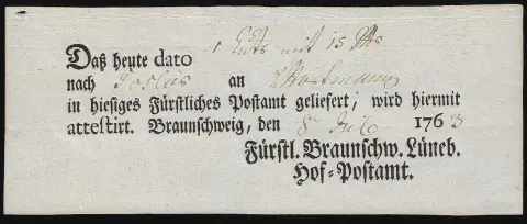 "Braunschweig", 1763, rare mandat-poste imprimé local, W3, 800 P.