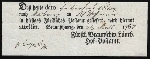 "Braunschweig", 1767, Hb. 4 (400 P.) mandat postal imprimé local, ainsi qu'un mandat manuscrit de 1743 (très précoce)