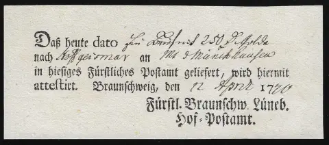 "Braunschweig", 1770, deux mandats postaux imprimés locaux rares