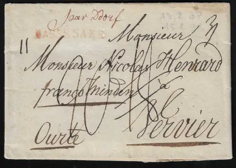 "Braunschweig", 1805, deux lettres pour Verviers resp. Bordeaux, chacune avec mention manuscrite "par D' dorf", L1 "BASSE SAXE" en rouge resp. noir, une lettre avec pli central