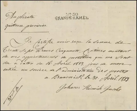 "Braunschweig", 1813, rare reçu manuscrit pour un postillon de la Grande-Armée avec L2 "No. 30 GRANDÉ-ARMÉE"