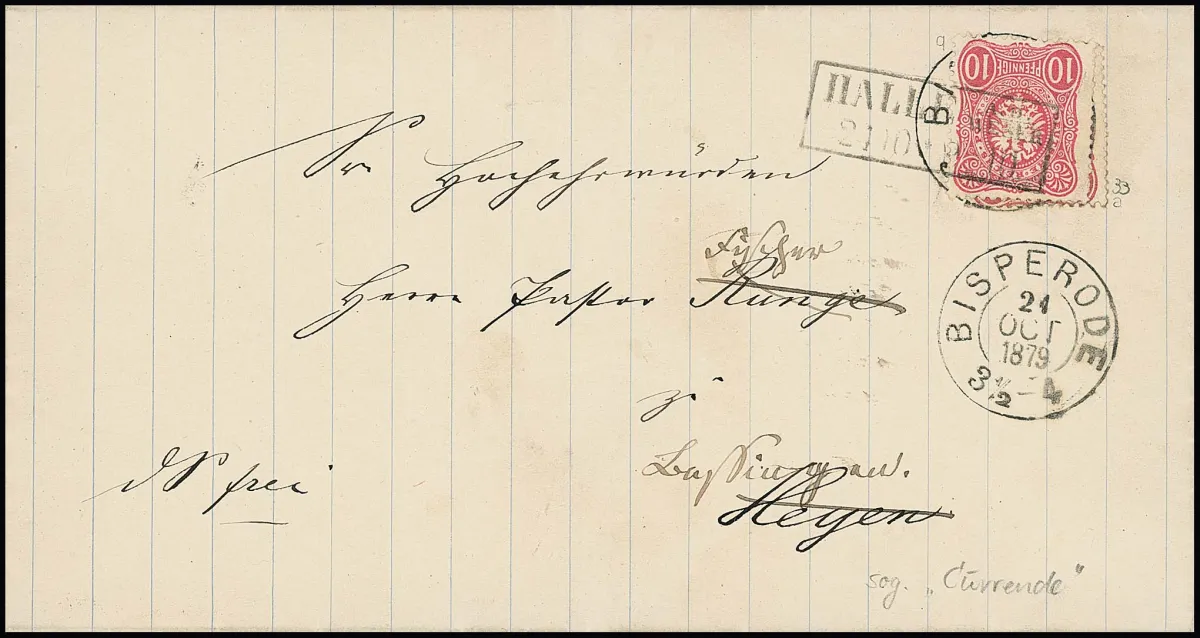 "Halle a.d. Weser", réexp. sur lettre double avec 10 Pfge. Le timbre colle sur la première utilisation (10 Pfge.) du même jour avec K2 "Bisperode 24. Oct. 1879", au dos cachet d'arrivée de Bisperode. Sign. Wiegand