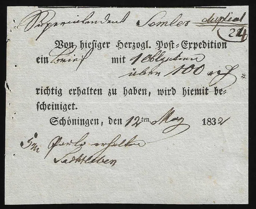 "Schöningen", 1832, "Von hiesiger Herzogl. Post-Expedition", very rare postal delivery receipt