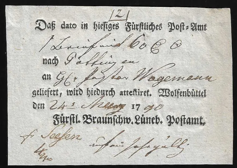 "Wolfenbüttel", 1766/90, zwei Ortsdruck-Postscheine des Fürstl. Braunschw. Lüneb. Postamts