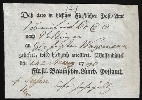 "Wolfenbüttel", 1766/90, zwei Ortsdruck-Postscheine des Fürstl. Braunschw. Lüneb. Postamts