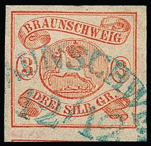 3 Sgr. orange-rouge, pièce de cabinet largement à très largement margée avec HK de Braunschweig, ex coll. Haub (voir 228e Rauhut & Kruschel), Mi. 350,- +