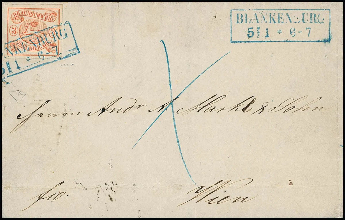 3 Sgr. orangerot, breitrandig, auf gef. Prachtbrief mit Ra2 "Blankenburg" nach Wien, Mi. 1200,-