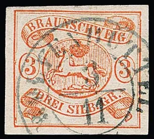3 Sgr. oranžovo-červená, kabinetní kus s K2 "Wolfenbüttel", sign. Köhler, a další široce margovaný exemplář s HK "Braunschweig" (malá vada), Mi. 700,-