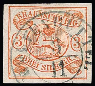 3 Sgr. orange-rouge, pièce de cabinet avec K2 "Wolfenbüttel", signé Köhler, ainsi qu'un autre exemplaire largement margé avec HK "Braunschweig" (petit défaut), Mi. 700,-