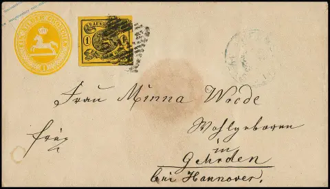 1 Sgr. noir/jaune chamois, pièce de cabinet à grandes marges avec NS clair "21" et K2 "Helmstedt" sur entier 1 Sgr. orange-jaune pour Hanovre (enveloppe petite tache)