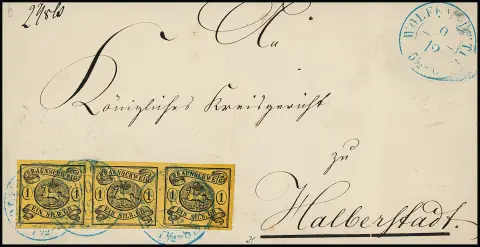 1 Sgr. noir/jaune chamois, filigrane "embouchure vers la gauche", bande de trois magnifique à grandes marges sur lettre 3e échelon de poids avec K2 "Wolfenbüttel" pour Halberstadt