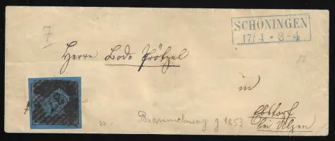 2 Sgr. noir/bleu sur magnifique enveloppe avec NS "37" et Ra2 bleu "Schöningen"