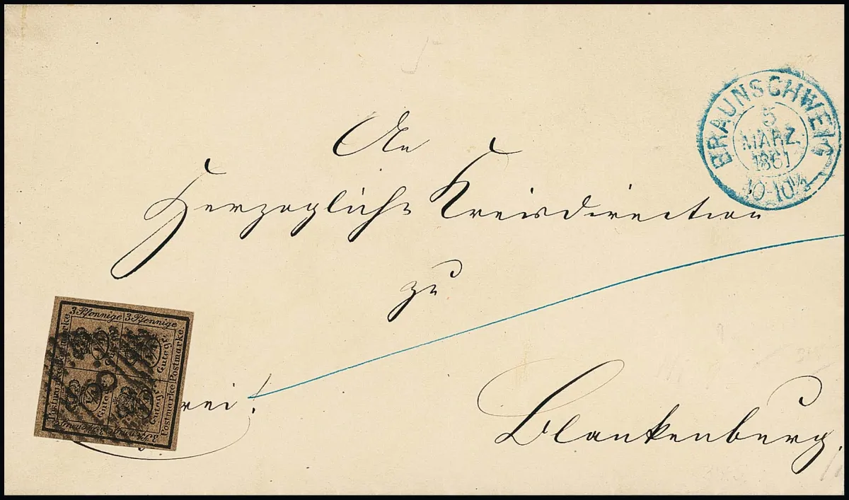 4/4 Ggr. black/brown on cabinet letter with NS "8" and blue side K2 "Braunschweig", signed Krause. Mi. 300,-