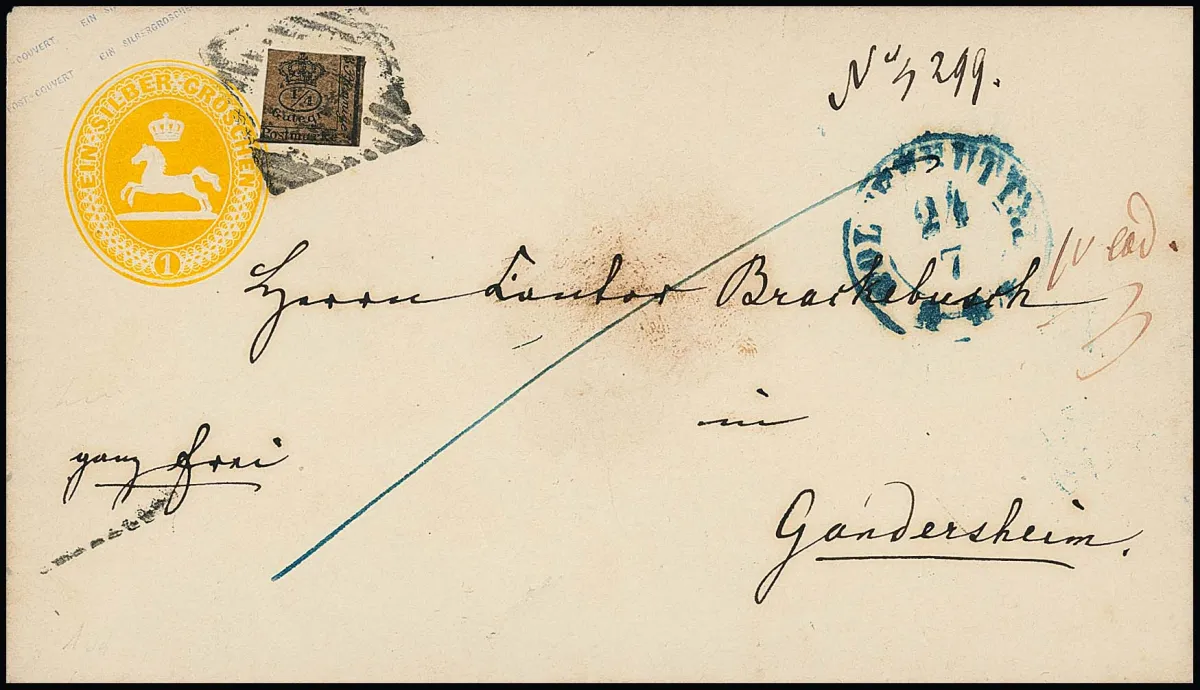 1/4 Ggr. black/brown, usually cut, as order fee on postal stationery 1 Sgr. yellow-orange, from Wolfenbüttel to Gandersheim, signed Kruschel (30. Kruschel 1990 = DM 1500,-)