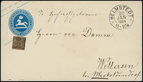 1/4 Ggr. noir/brun seul sur lettre locale de Braunschweig (NS "8"), ainsi que comme frais de commande sur entier 2 Sgr. bleu de Helmstedt (oblitération manuscrite non vérifiable avec certitude, ex Dr. Marx, signé Kruschel, enveloppe petits défauts de bord)