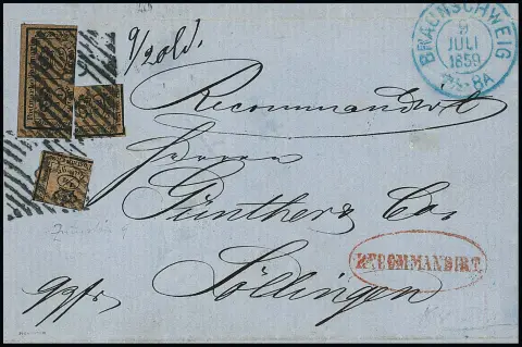 4/4 Ggr. noir/brun, collé en 2/4 et deux fois 1/4 (voir photo), sur lettre recommandée de Braunschweig 1859 à Söllingen, signé Pfenninger