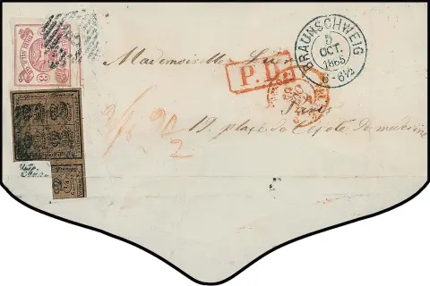5/4 Ggr. noir/brun en affranchissement mixte avec 3 Sgr. lilas rose sur enveloppe de dame de Braunschweig 1865 à Paris, combinaison rare malgré des objections (1/4 Ggr. collé autour du bord, enveloppe nettoyée et déchirure fermée), ex Dr. Marx