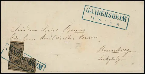 3/4 Ggr. noir/brun chacun sur deux lettres de Gandersheim, une fois avec NS "14" et Ra2 bleu adjacent, ainsi qu'oblitéré uniquement avec le Ra2 bleu (Kruschel 1989, prix d'adjudication DM 1200,-)