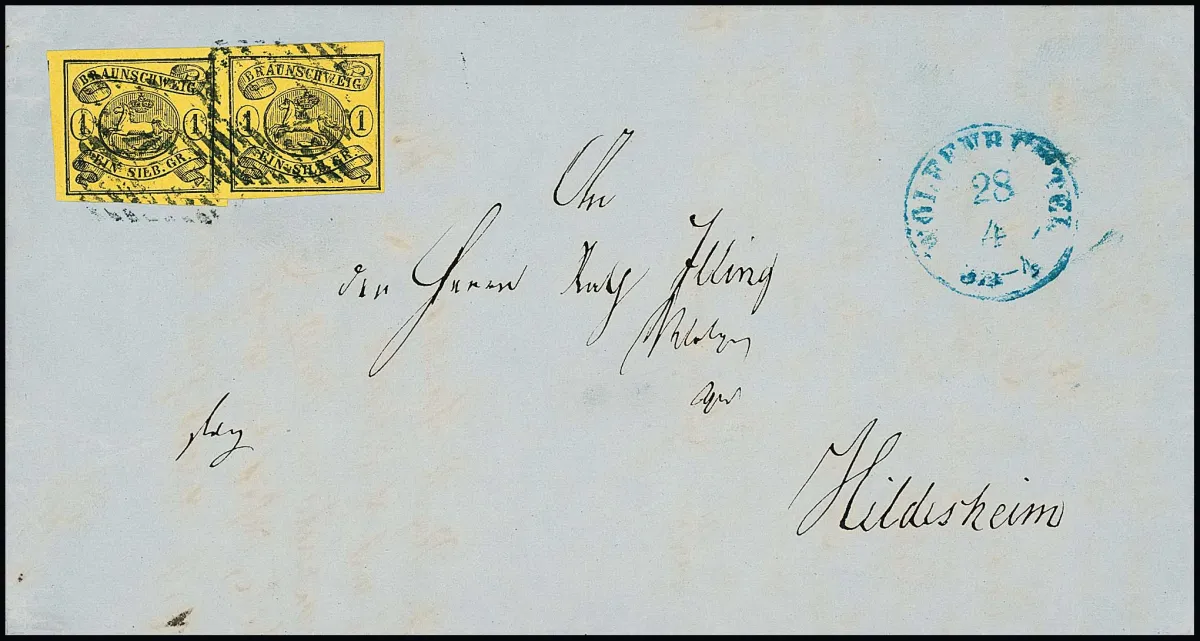 1 Sgr. black/yellow, horizontal cabinet pair, full to wide margins, on letter from Wolfenbüttel to Hildesheim, photo certificate Lange. Mi. 500,- +