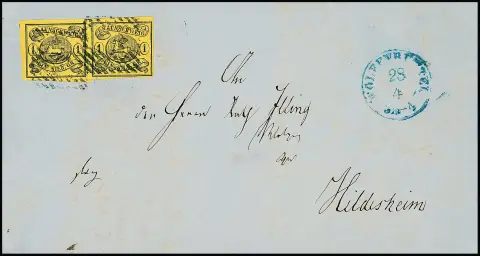 1 Sgr. noir/jaune, paire de cabinet horizontale, marges complètes à larges, sur lettre de Wolfenbüttel à Hildesheim, attestation photo Lange. Mi. 500,- +