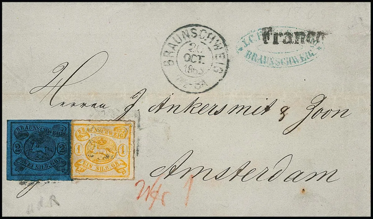 1 Sgr. jaune ocre et 2 Sgr. noir/bleu (partiellement séparés aux ciseaux) sur lettre étrangère légèrement oblitérée de Braunschweig 1865 à Amsterdam. L'appartenance du 1 Sgr. à la lettre est probable, mais en raison de l'oblitération délicate et de restes de papier visibles par transparence, non vérifiable avec certitude (port 2 Sgr. plus 1 Sgr. Weiterfranko), ex Seybold