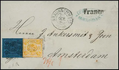 1 Sgr. žlutookrová a 2 Sgr. černá/modrá (částečně nůžkami oddělené) na lehce orazítkovaném zahraničním dopise z Braunschweigu 1865 do Amsterdamu. Příslušnost 1 Sgr. k dopisu je pravděpodobná, ale kvůli jemnému orazítkování a zbytkům papíru viditelným v průsvitu nelze s jistotou ověřit (porto 2 Sgr. plus 1 Sgr. Weiterfranko), ex Seybold